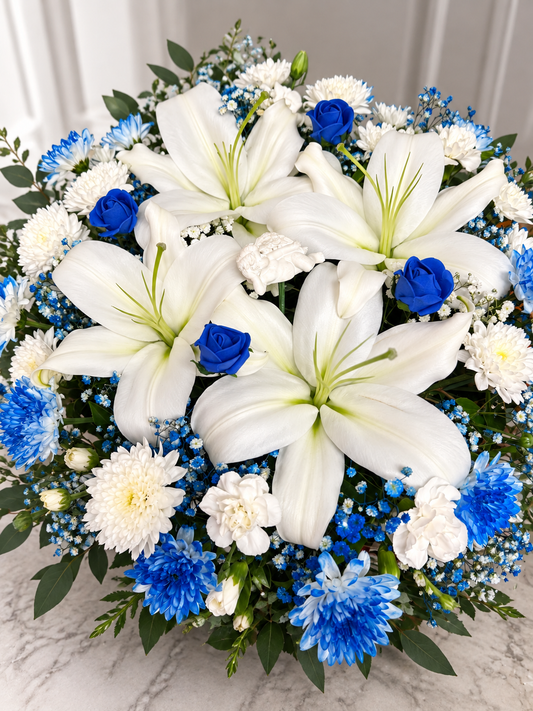 Blue & White Lily Sympathy Arrangement